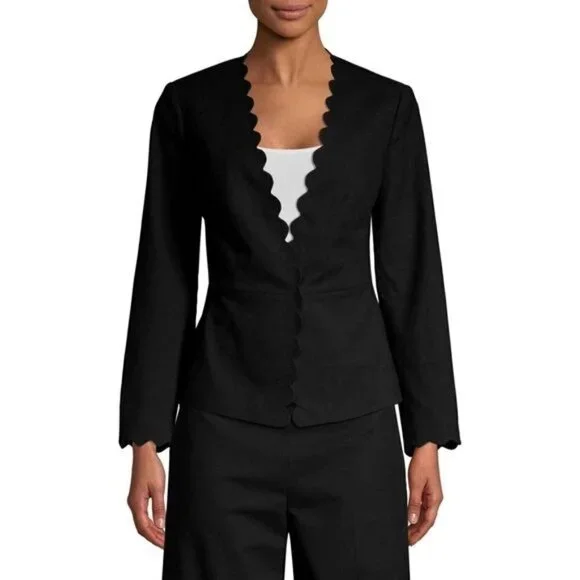 Rebecca Taylor Scalloped Blazer 6 Jacket Suit Black Long Sleeve Top Peplum Small